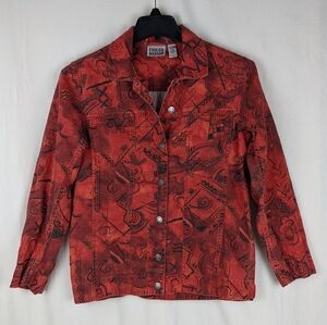 Chicos Design Jacket Size 0 Light Weight Red Geometric Linen Blend Womens US S/4